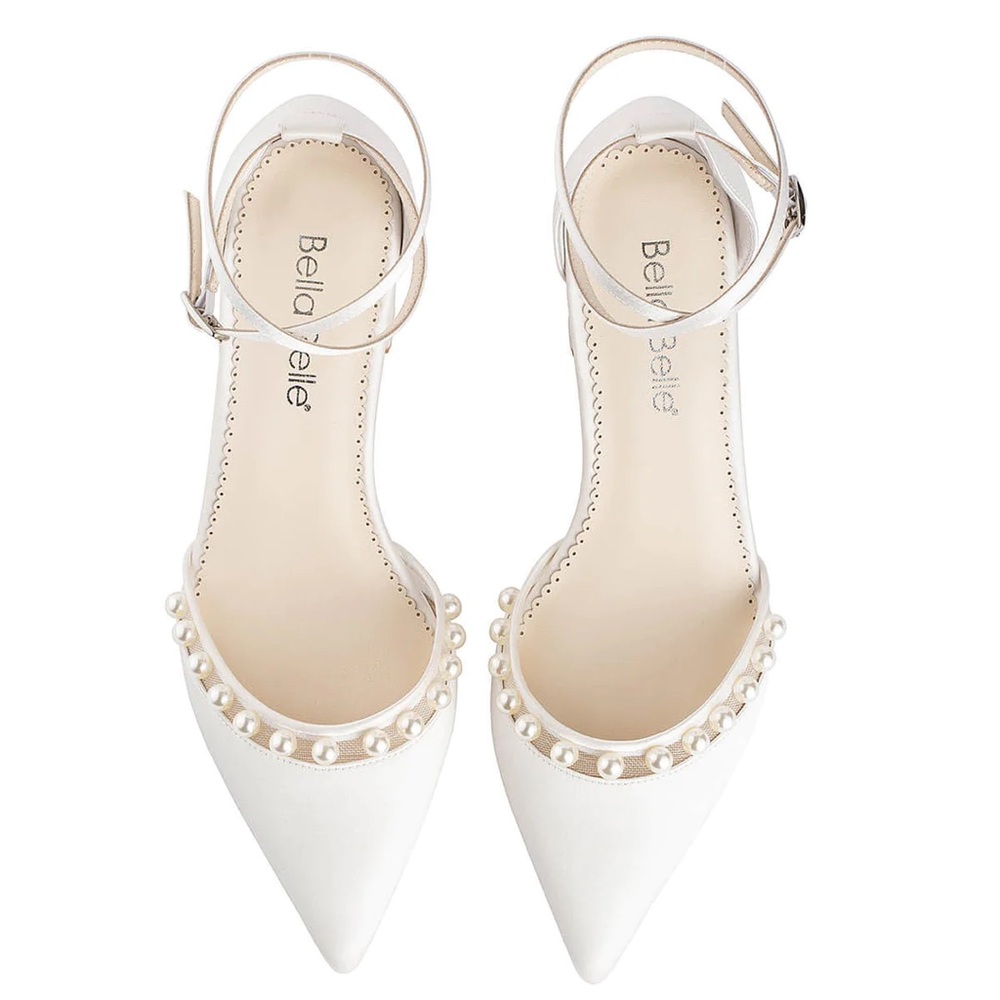 Used 7.5 Bella Belle Emery Double Ankle Strap Pearl Block Heel Wedding Shoes